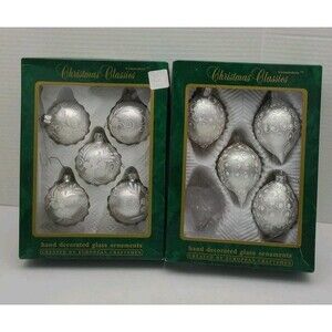 Lot 9 Commodore Christmas Ornaments Romania Silver White Glitter Vintage